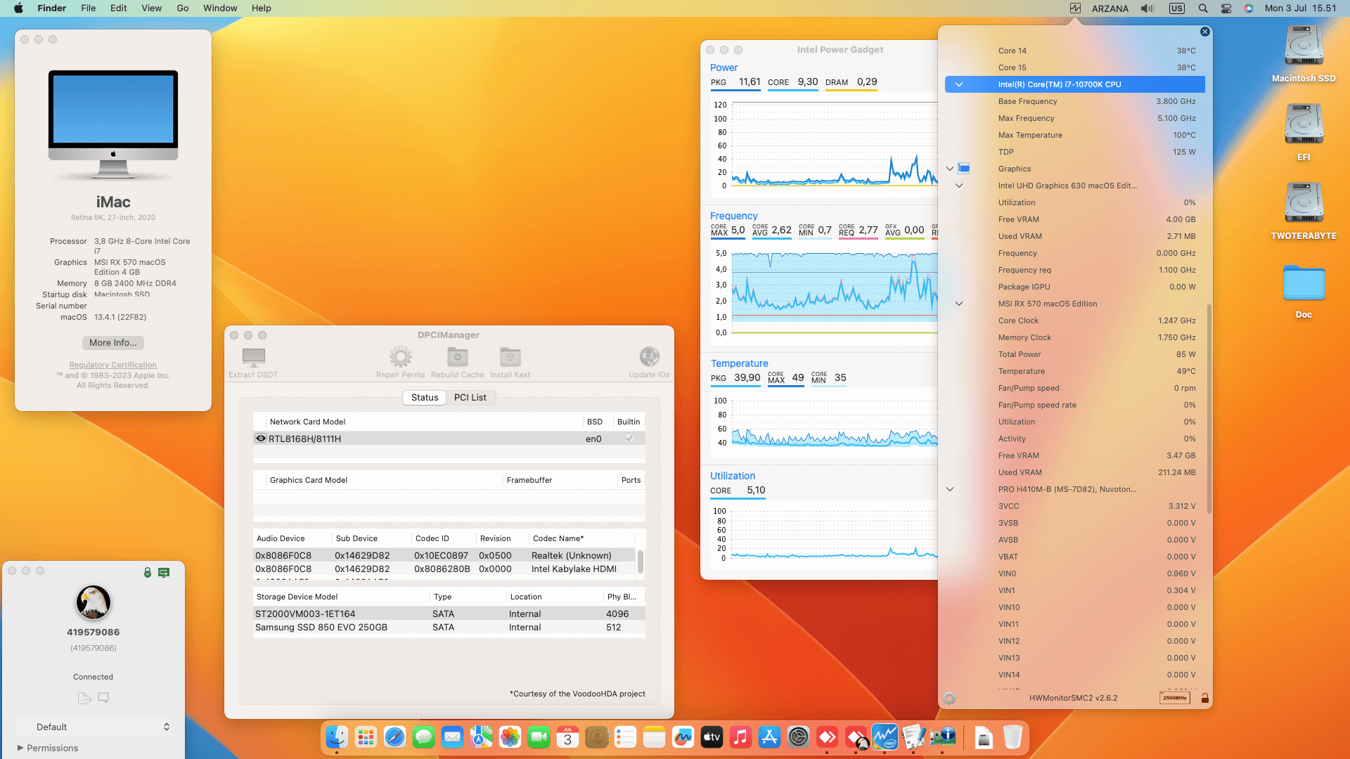 Success Hackintosh macOS Ventura 13.4.1 Build 22F82 in MSI PRO H410M-B + Intel Core i7 10700K + MSI RX 570